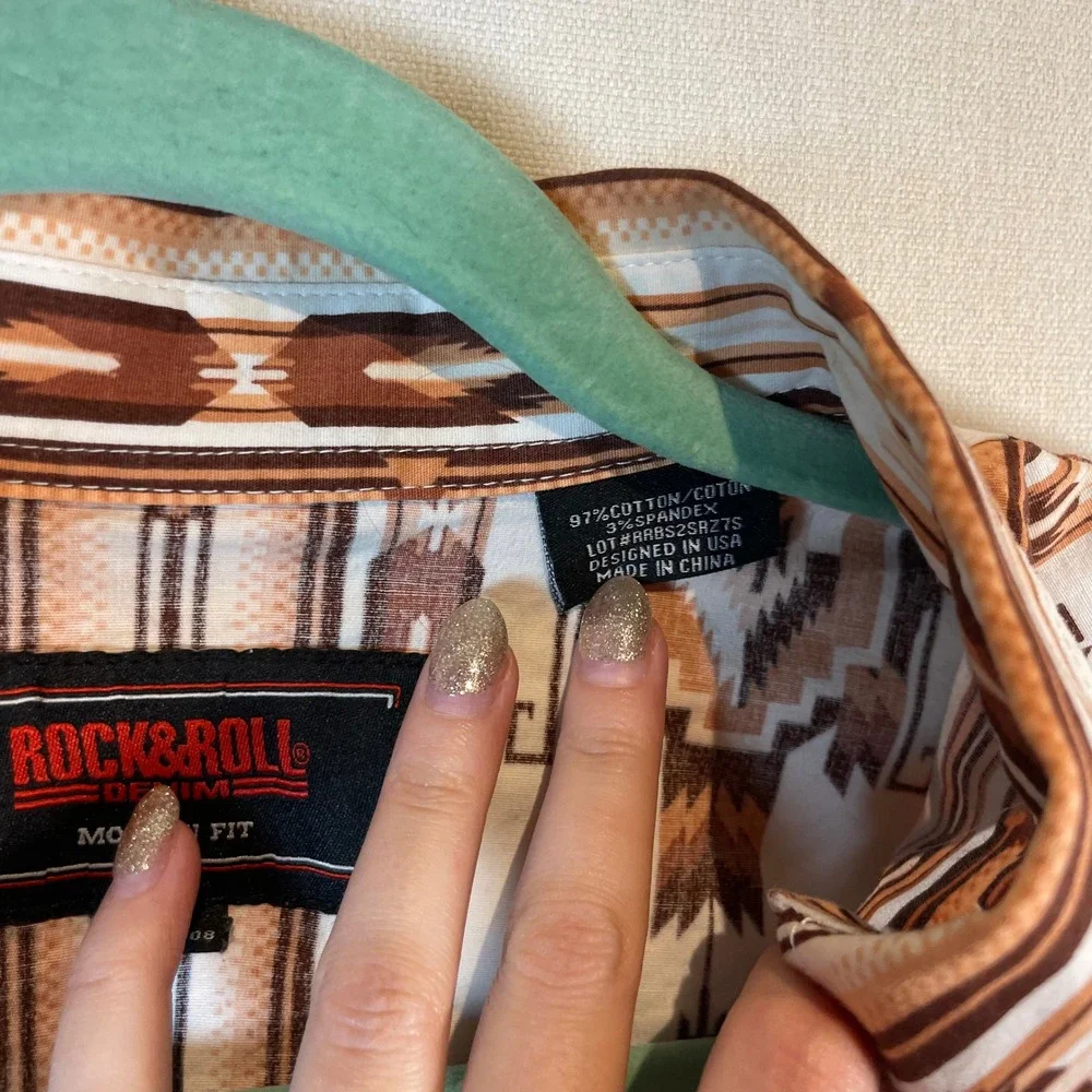 Rock & Roll Denim Western Shirt Southwestern Snap Button‎ Long Sleeve - Size XL